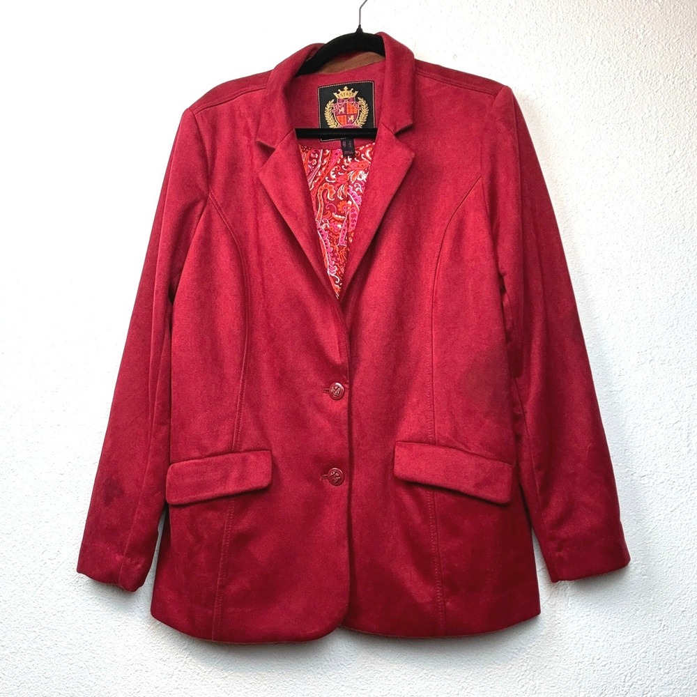 Isaac Mizrahi Red Faux Suede Blazer - L - Paisley Lining Preppy Professional